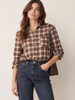 Sezane Plaid Button-Up Blouse in Beige, Red and Green - FR 38 / M